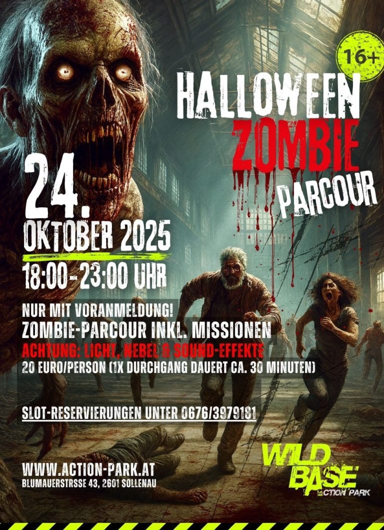 Halloween Zombie Parcours am 24. Oktober 2025, 18-24 Uhr, für Personen ab 16 Jahren.